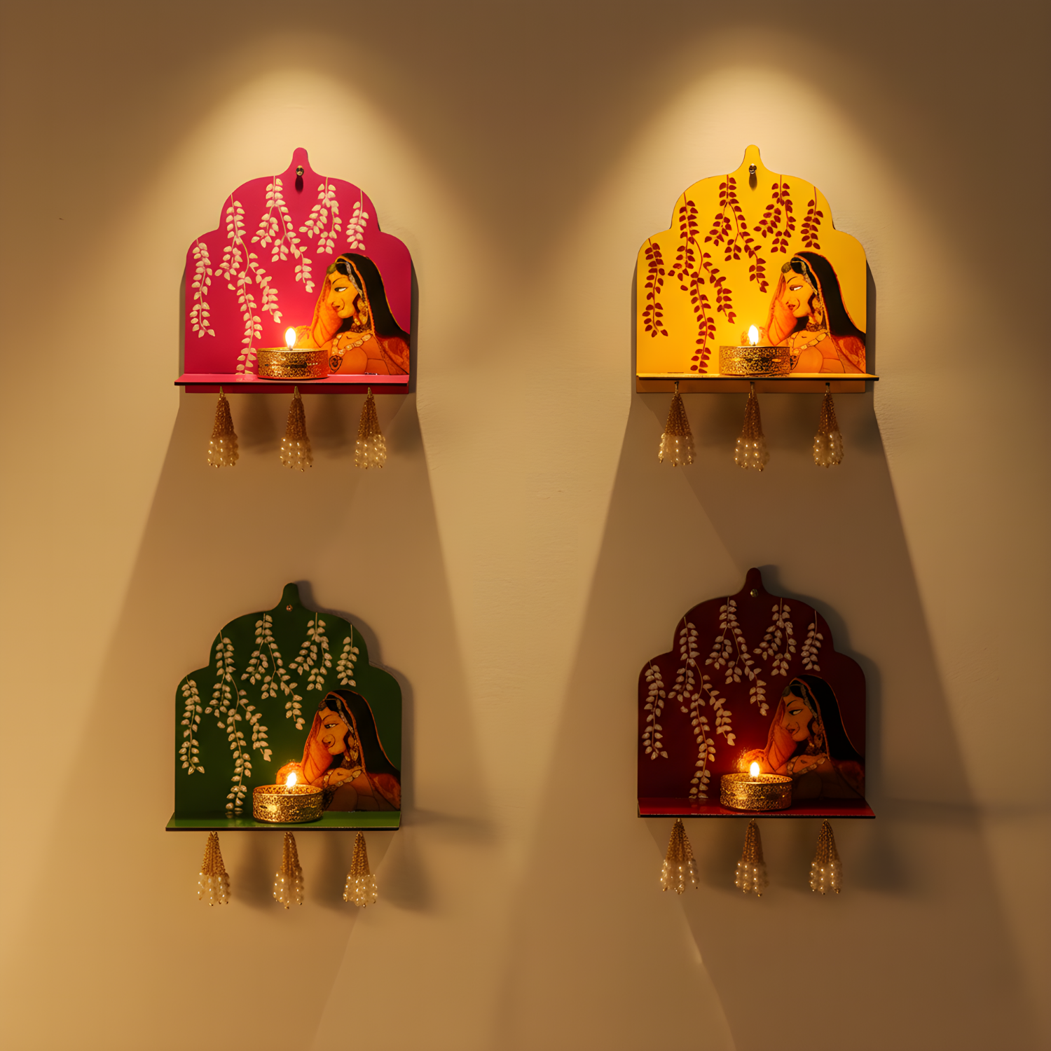 Set of four decorative wall shelves with lit candles on a neutral background