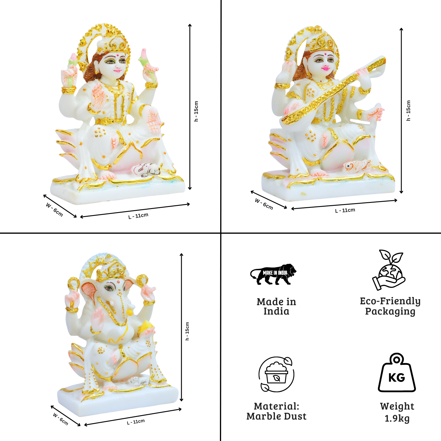 Set of three statues with dimensions and product details on a white background