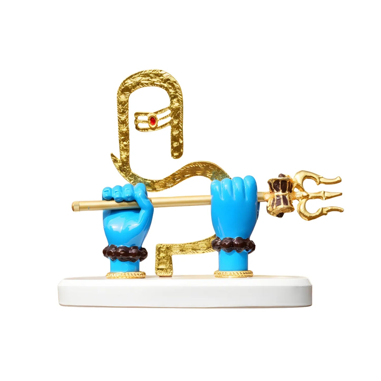 Decorative figurine with blue hands holding a gold staff on a white base