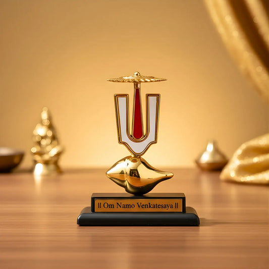 Shree Vishnu Shankh Tilak Chakra Idol – Om Namo Venkatesaya Divine Decor on Black Base for Home Mandir, Pooja & Spiritual Decor By Upharkaro