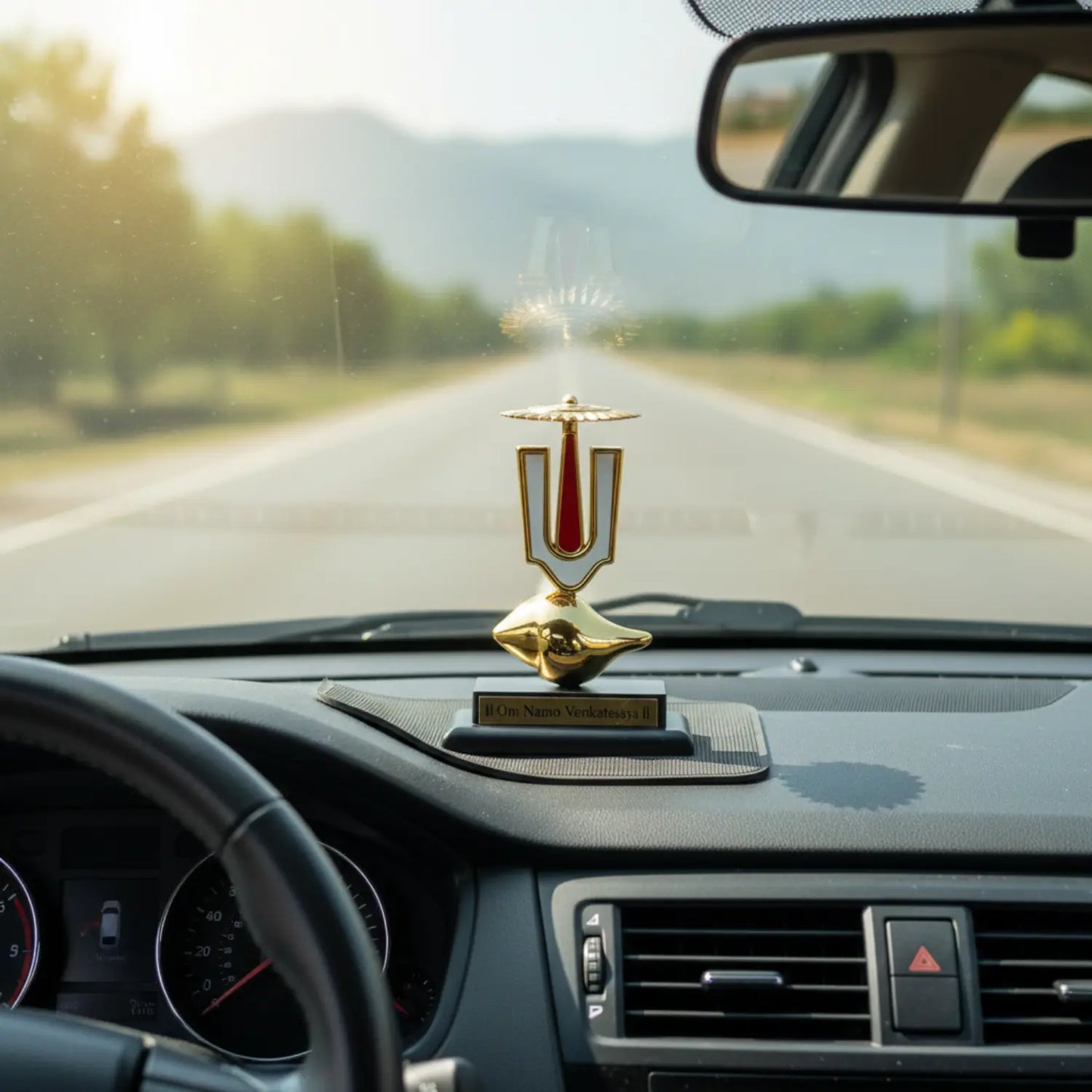 Car dashboard with a decorative emblem and road ahead