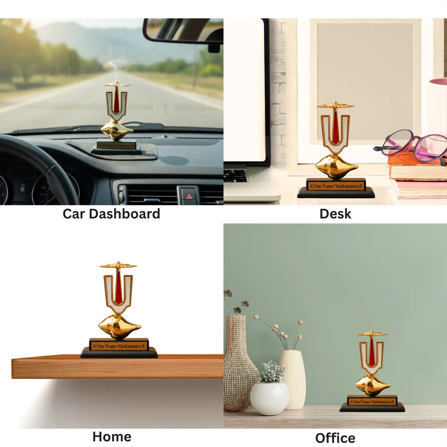 Decorative trophy on car dashboard, desk, shelf, and office setting.