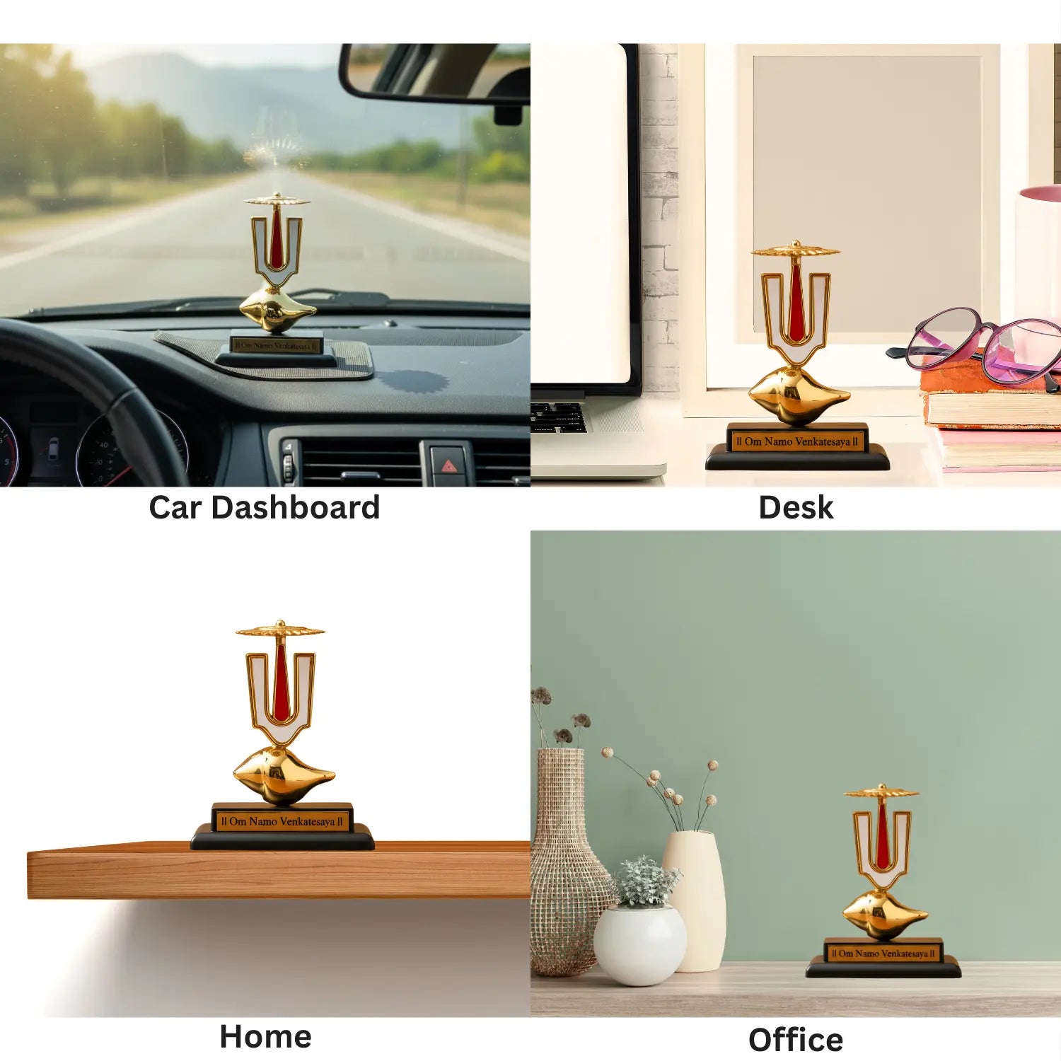 Decorative trophy on car dashboard, desk, shelf, and office setting.