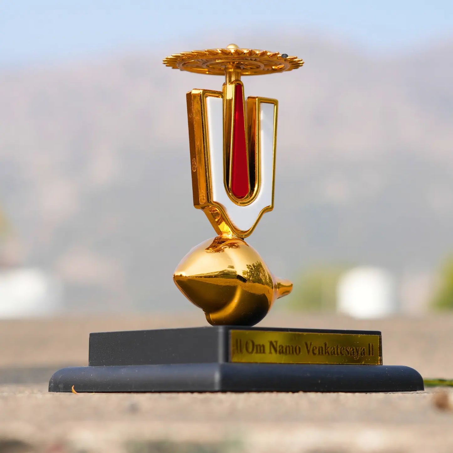 Gold trophy with a red center on a blurred natural background