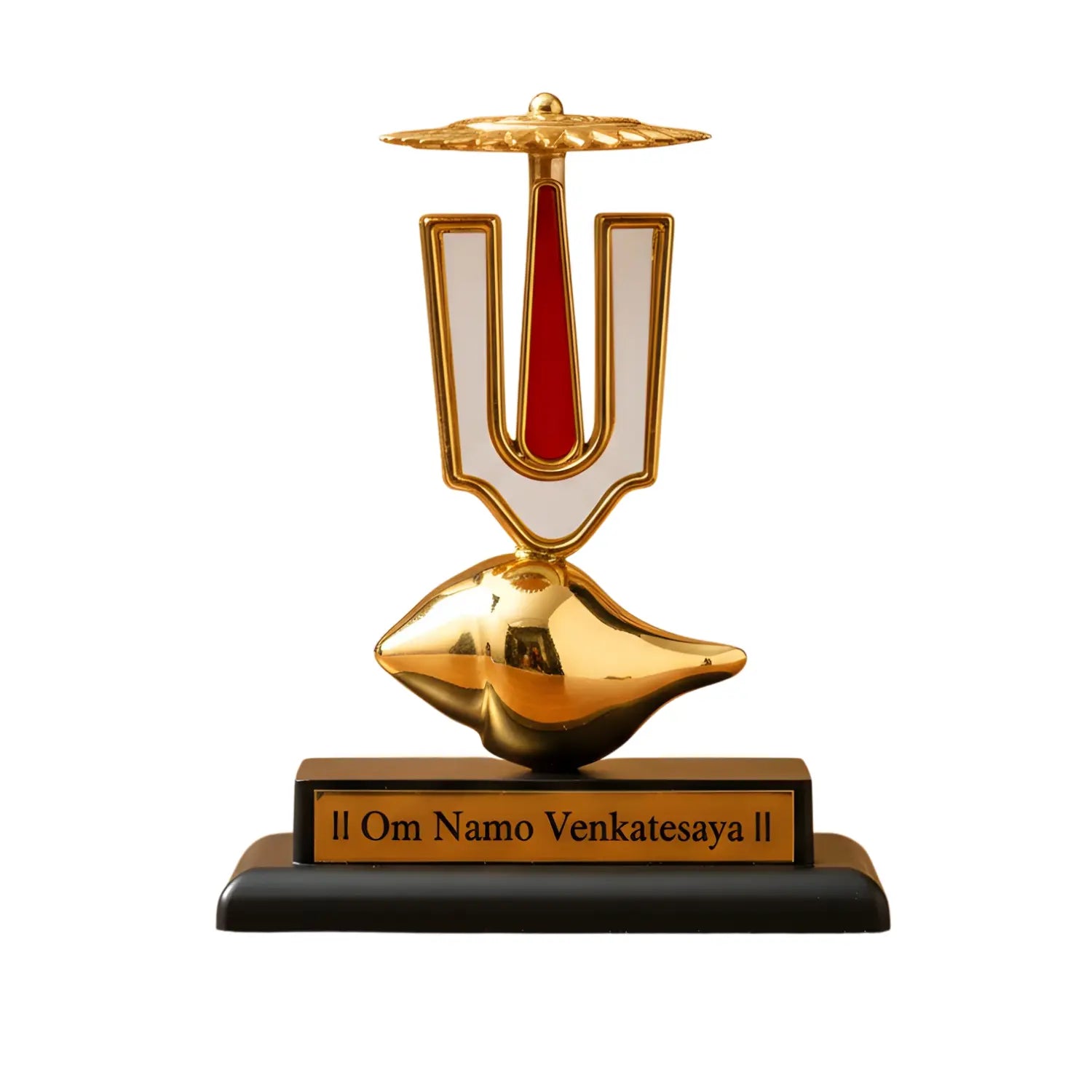 Decorative object with gold and black design on a white background