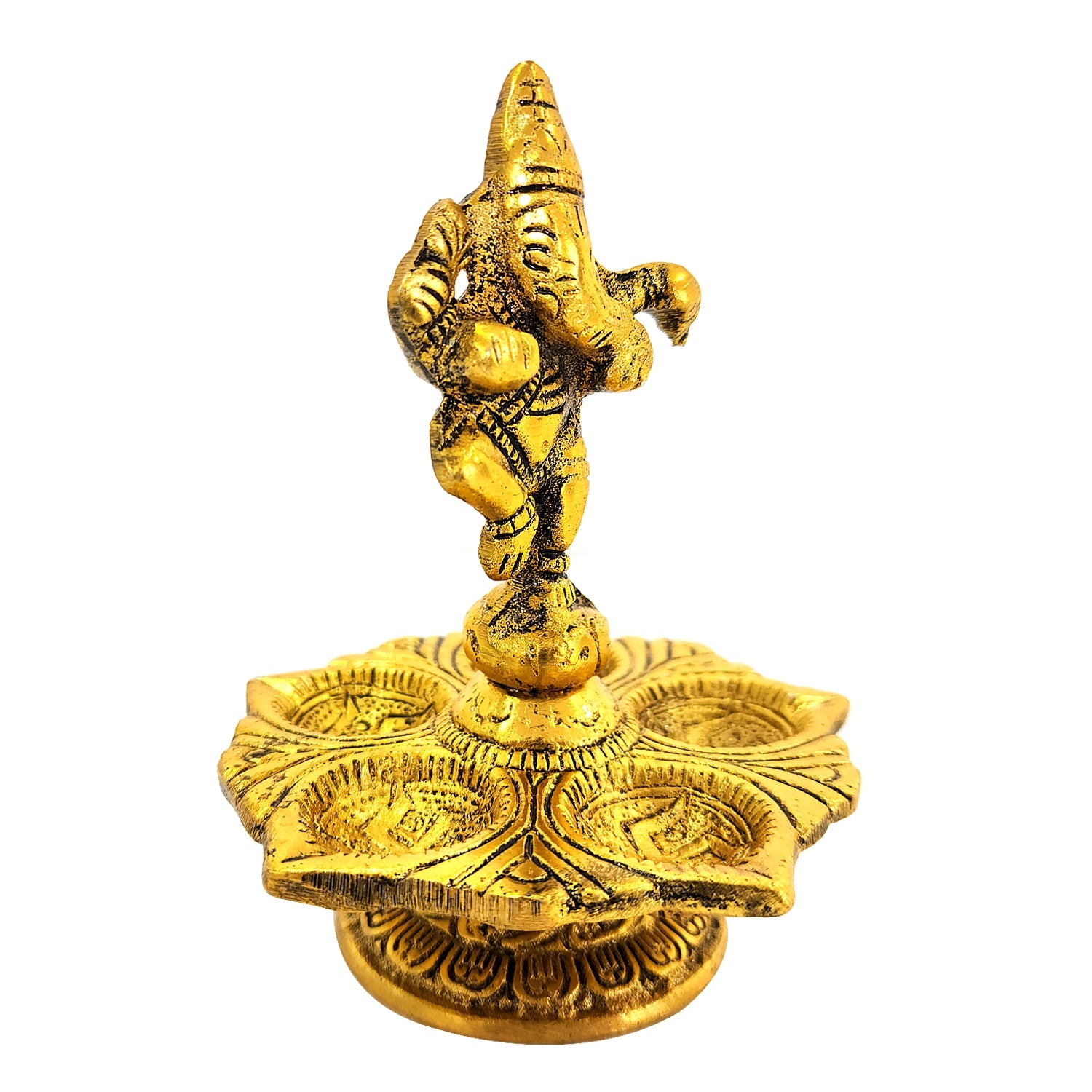 Gold-colored statue of a deity on a white background