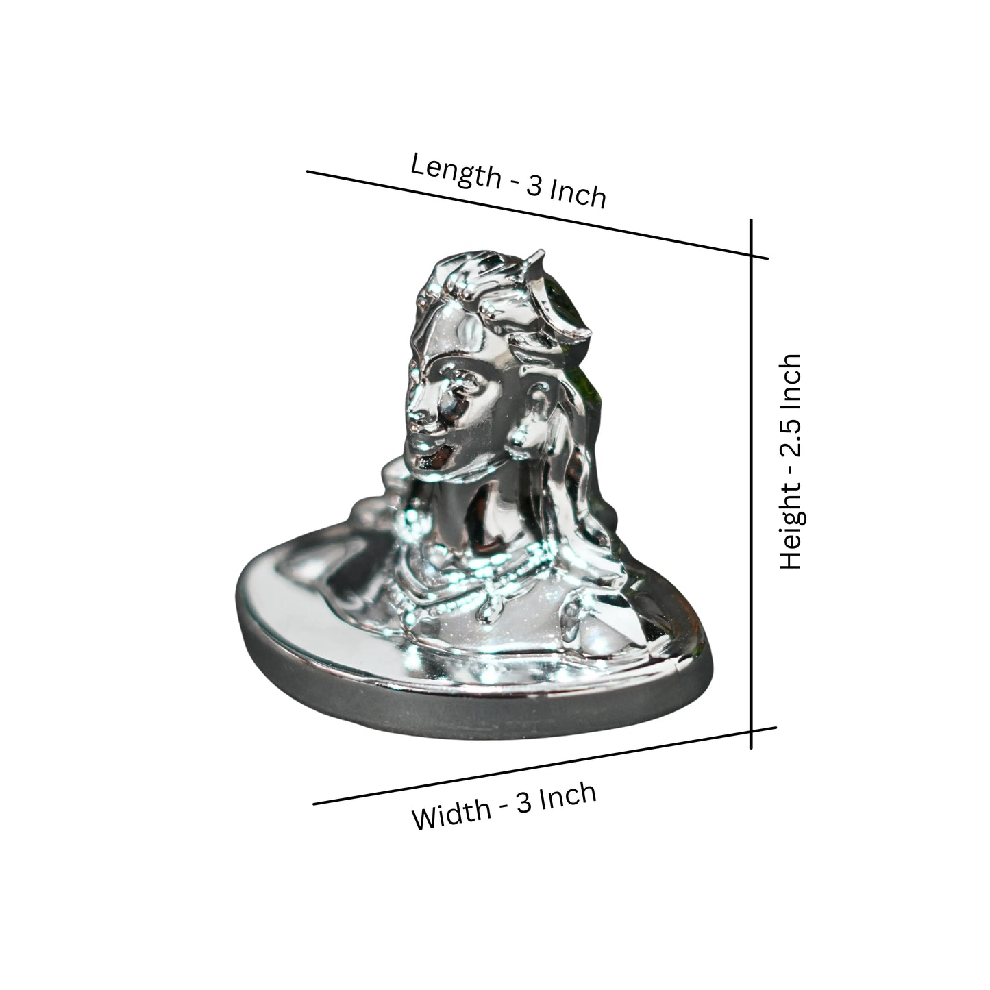 Chrome horse head car emblem with dimensions on a white background