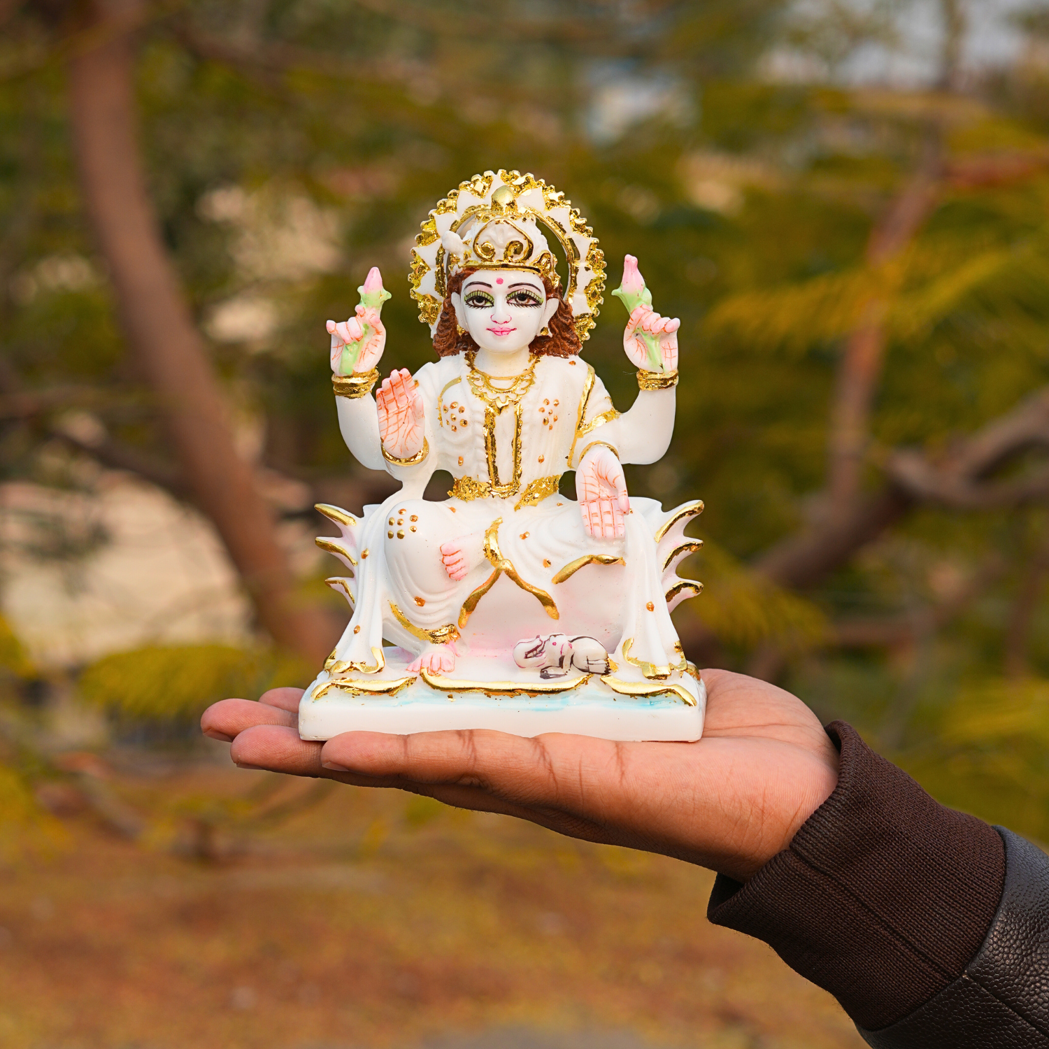 Small statue of a deity held in a hand with a blurred natural background