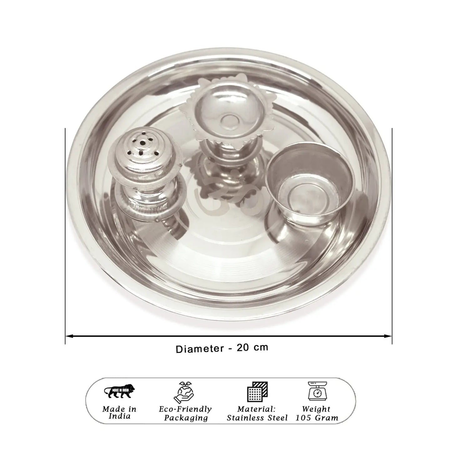 Stainless steel thali with dimensions and features on a white background