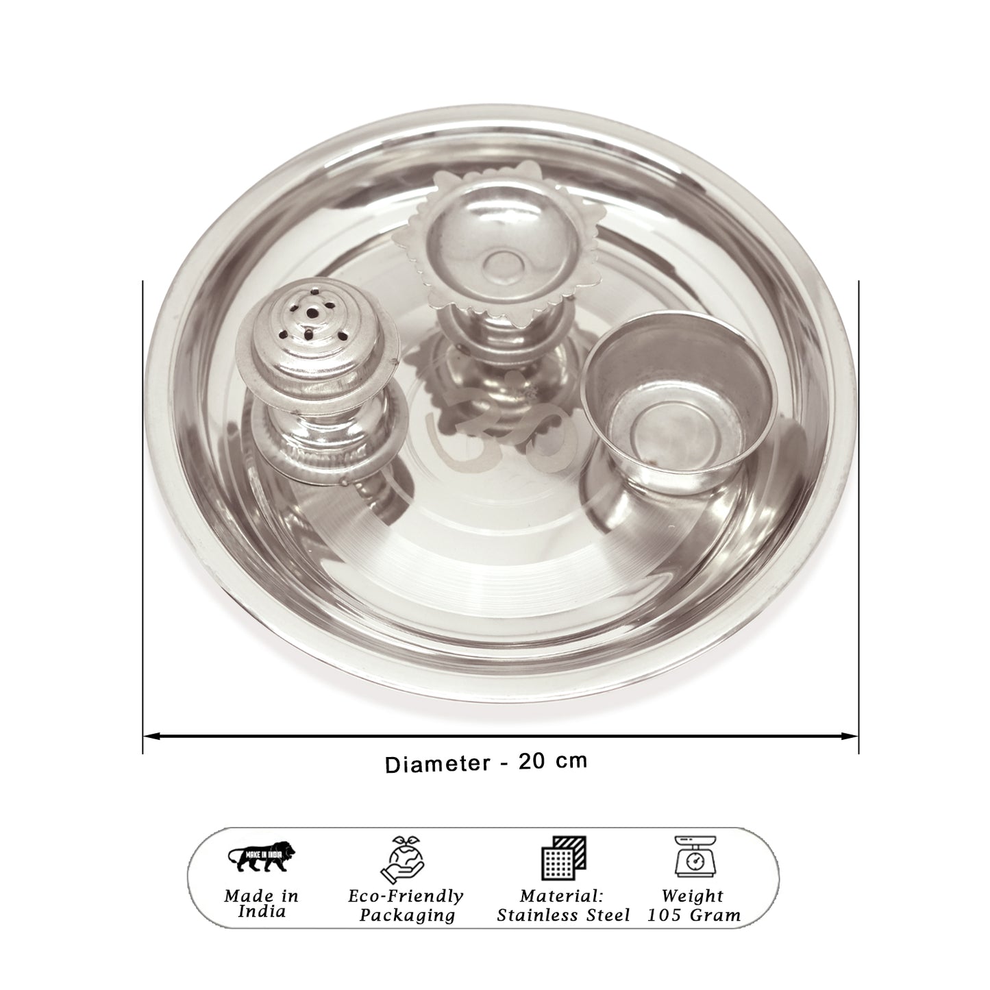 Stainless steel thali with dimensions and features on a white background