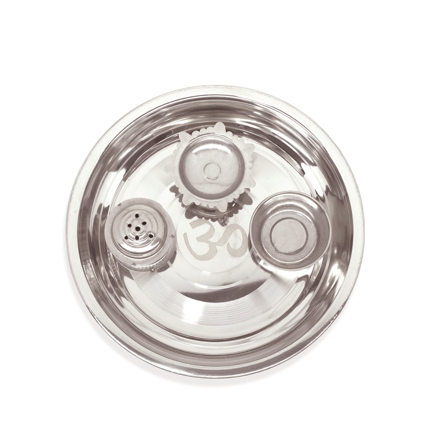 Stainless steel bowl with gear designs on a white background