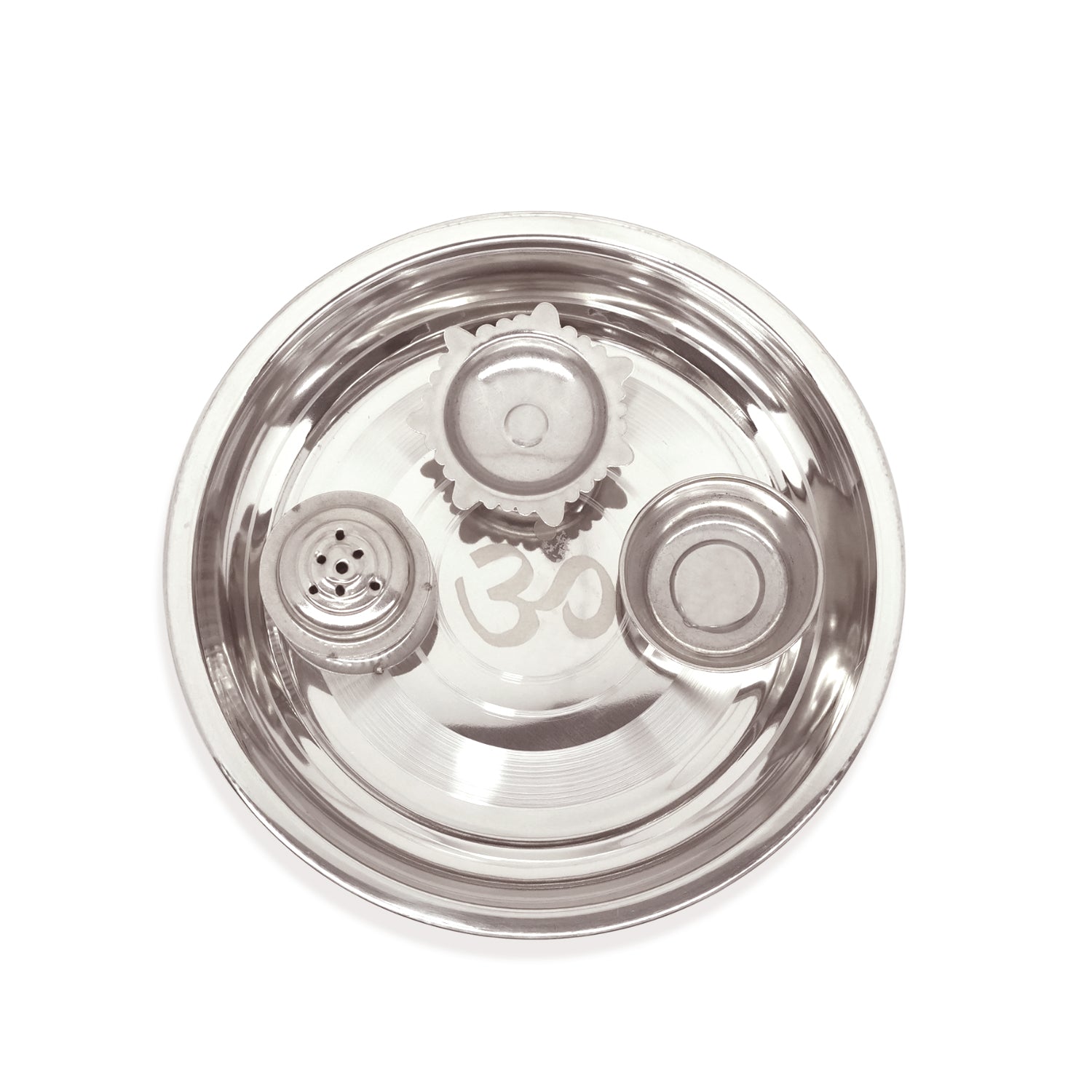 Stainless steel bowl with gear designs on a white background