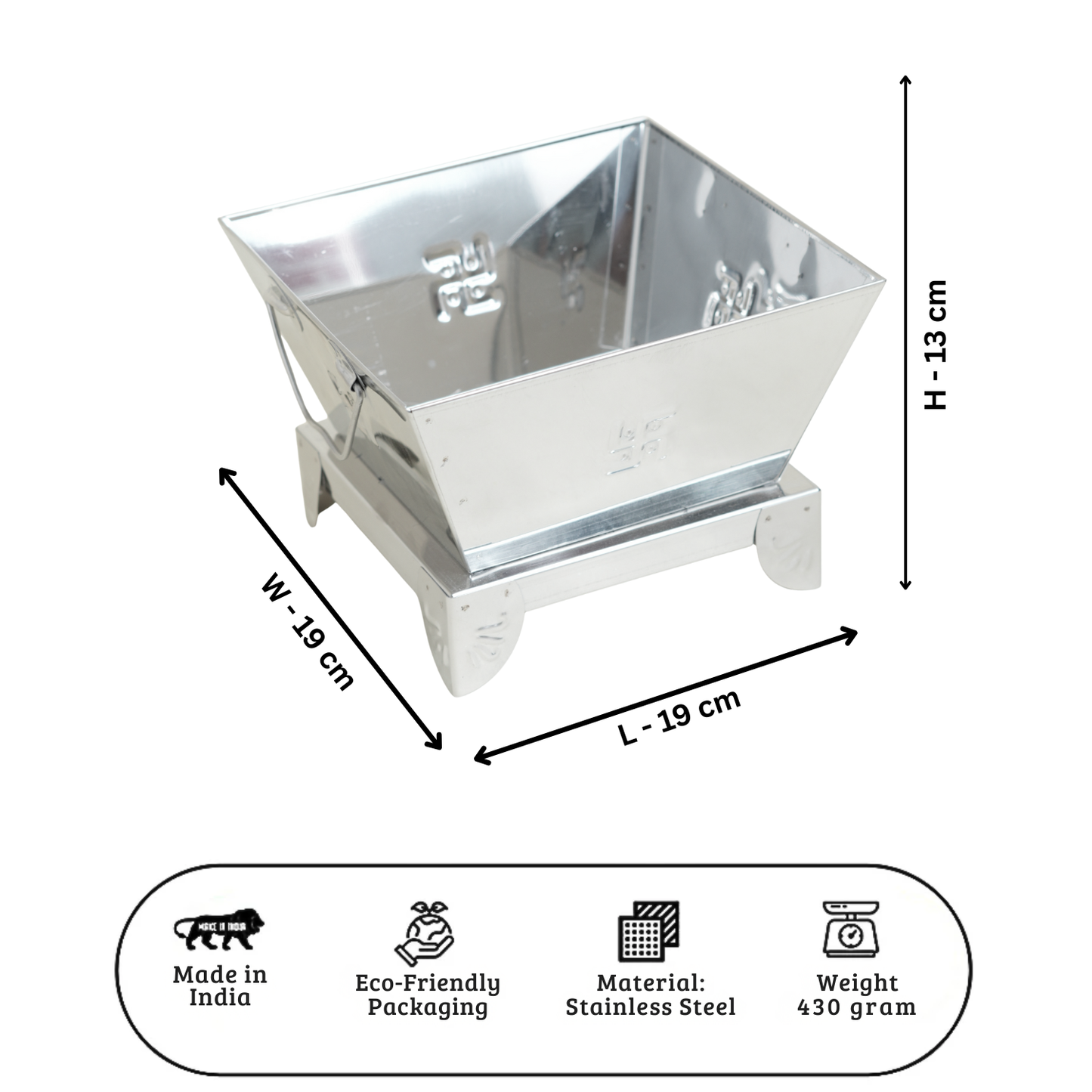 Metallic container with dimensions and features on a white background