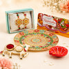 Upharkaro Premium Bhaiya Bhabhi Rakhi Combo Set | Designer Rakhi with Decorative Pooja Thali, Roli Chawal Cow Plate, Greeting Card & Fancy Clay Diya | Raksha Bandhan Gift Hamper