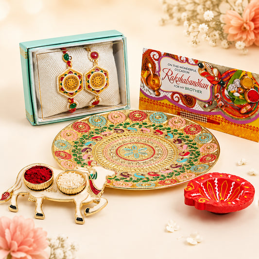 Upharkaro Premium Bhaiya Bhabhi Rakhi Combo Set | Designer Rakhi with Decorative Pooja Thali, Roli Chawal Cow Plate, Greeting Card & Fancy Clay Diya | Raksha Bandhan Gift Hamper