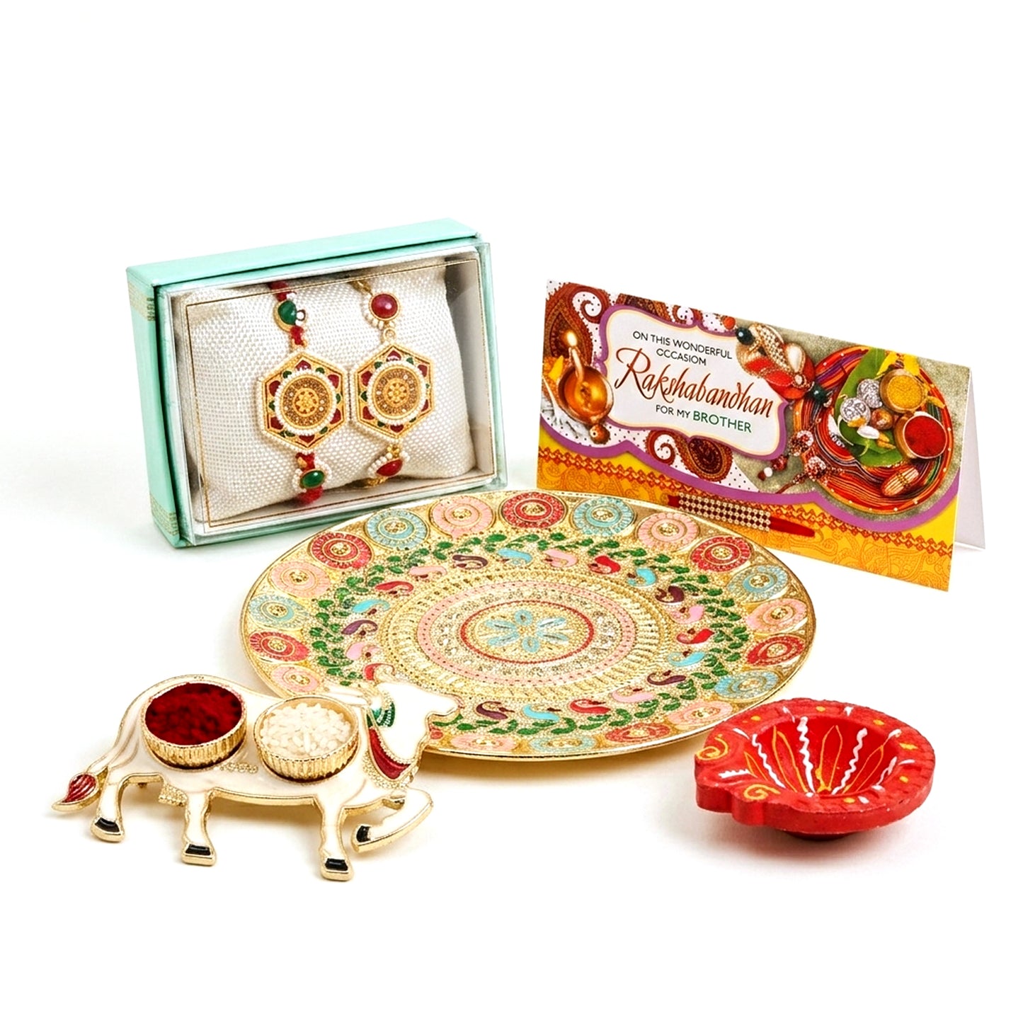 Upharkaro Premium Bhaiya Bhabhi Rakhi Combo Set | Designer Rakhi with Decorative Pooja Thali, Roli Chawal Cow Plate, Greeting Card & Fancy Clay Diya | Raksha Bandhan Gift Hamper