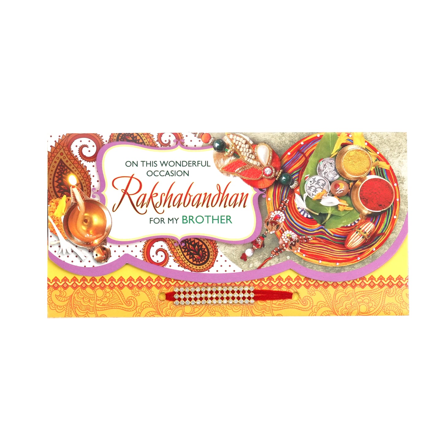 Upharkaro Premium Bhaiya Bhabhi Rakhi Combo Set | Designer Rakhi with Decorative Pooja Thali, Roli Chawal Cow Plate, Greeting Card & Fancy Clay Diya | Raksha Bandhan Gift Hamper
