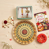 Upharkaro Premium Bhai Rakhi Combo Set | Designer Rakhi with Decorative Pooja Thali, Roli Chawal Cow Plate, Greeting Card & Fancy Clay Diya | Raksha Bandhan Gift Hamper