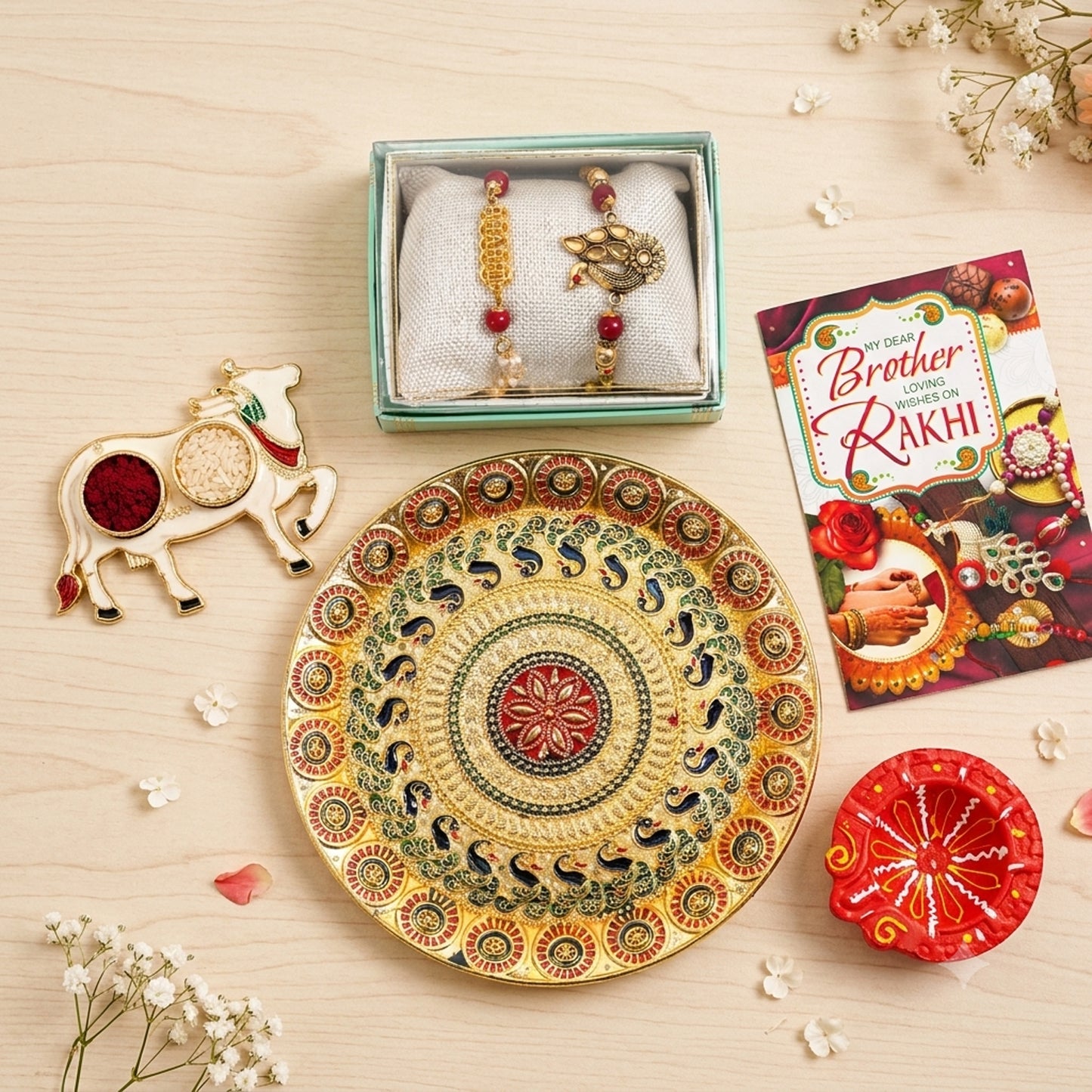 Upharkaro Premium Bhai Rakhi Combo Set | Designer Rakhi with Decorative Pooja Thali, Roli Chawal Cow Plate, Greeting Card & Fancy Clay Diya | Raksha Bandhan Gift Hamper