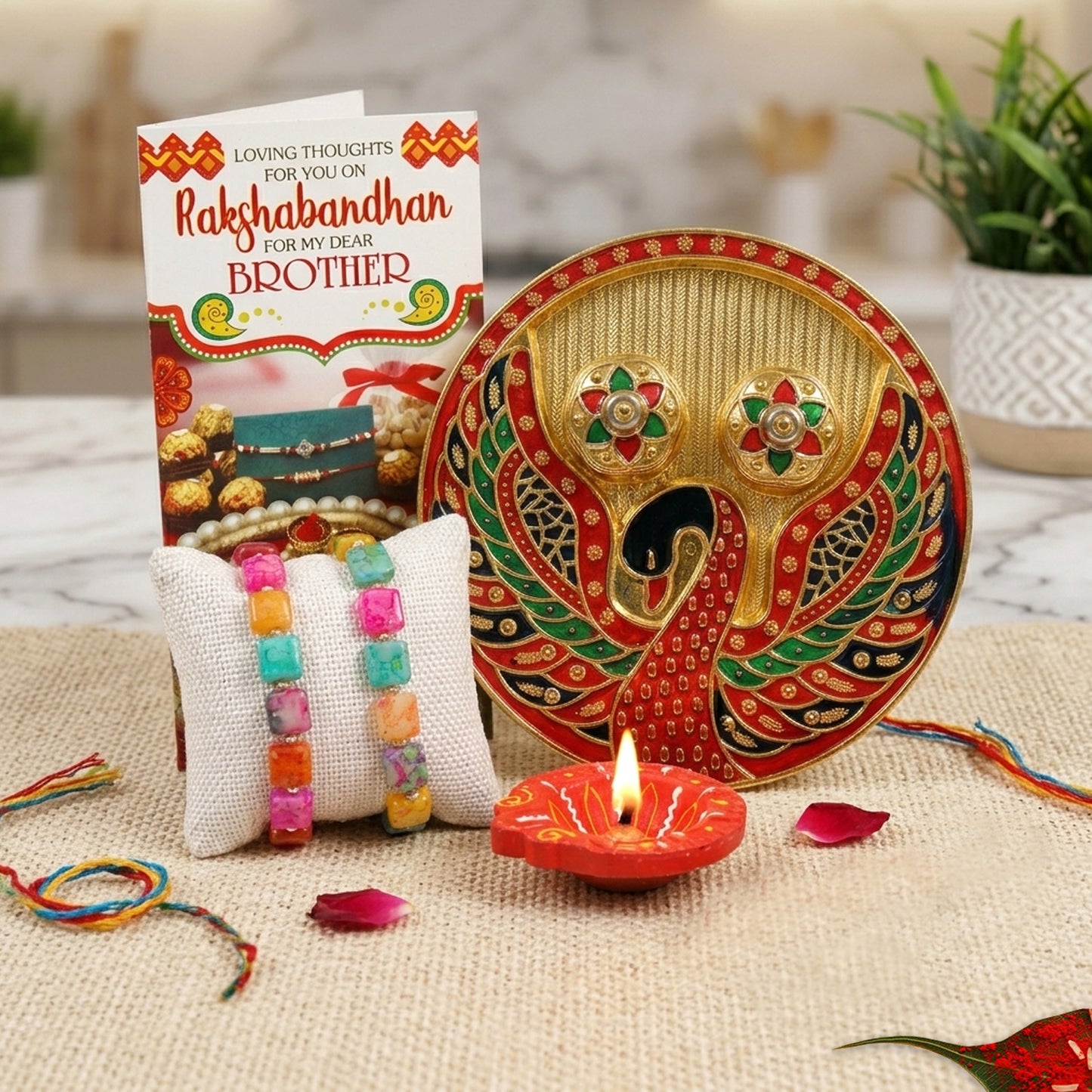 Uphakaro Premium Peacock Pooja Thali Raksha Bandhan Gift Hamper with 2 Semi-Precious Stone Rakhis, Decorative Pooja Thali, Clay Diya & Rakhi Greeting Card | Rakhi Gift Set for Brother