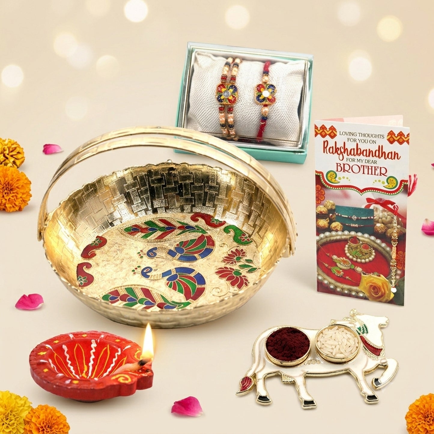 Uphakaro Premium Golden Peacock Basket Raksha Bandhan Gift Hamper with Bhaiya Bhabhi Rakhi Set, Decorative Cow Roli Chawal Holder, Clay Diya & Greeting Card | Festive Rakhi Gift Combo