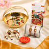 Uphakaro Premium Golden Peacock Basket Raksha Bandhan Gift Hamper with Bhaiya Bhabhi Rakhi Set, Decorative Cow Roli Chawal Holder, Clay Diya & Greeting Card | Festive Rakhi Gift Combo