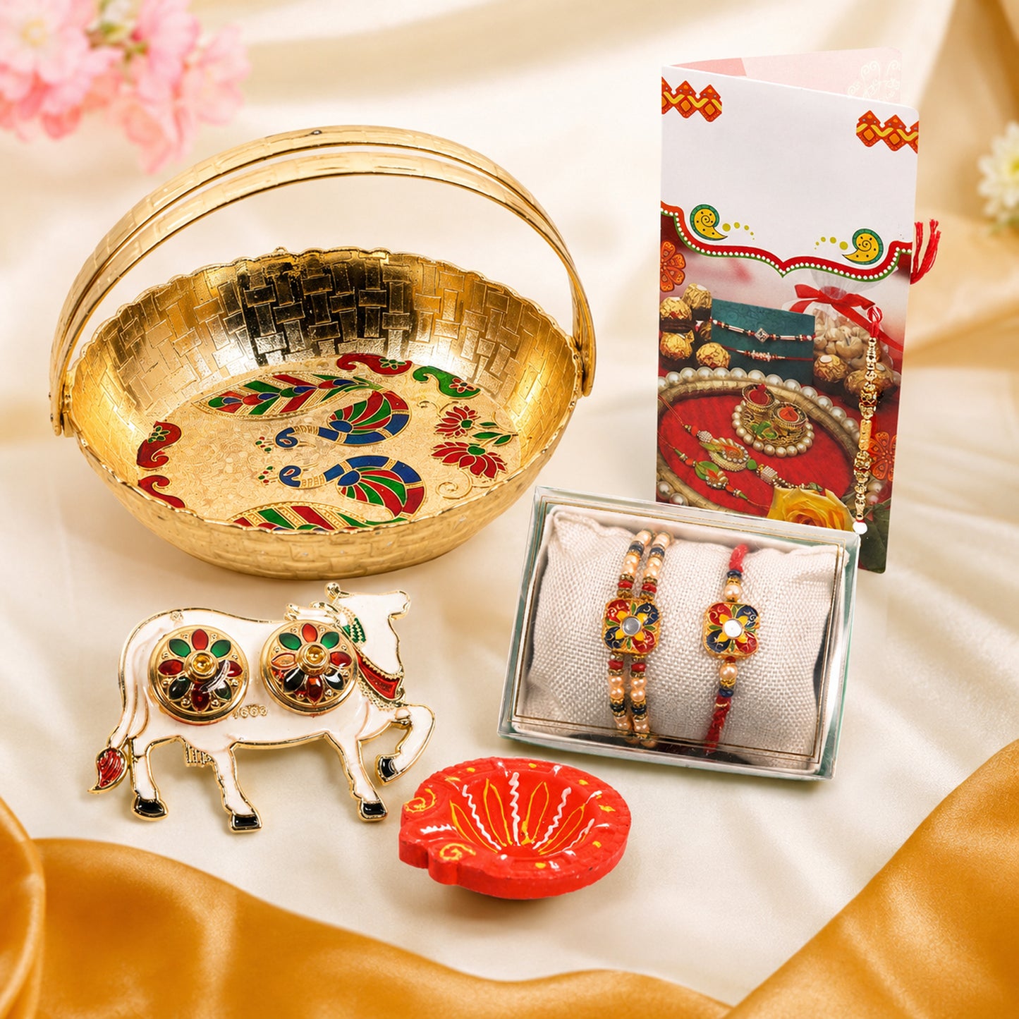 Uphakaro Premium Golden Peacock Basket Raksha Bandhan Gift Hamper with Bhaiya Bhabhi Rakhi Set, Decorative Cow Roli Chawal Holder, Clay Diya & Greeting Card | Festive Rakhi Gift Combo