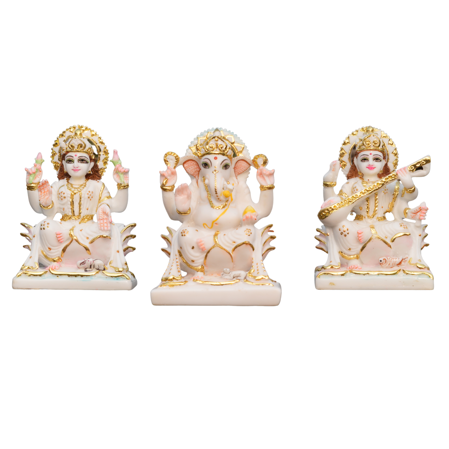 Three statues on a white background