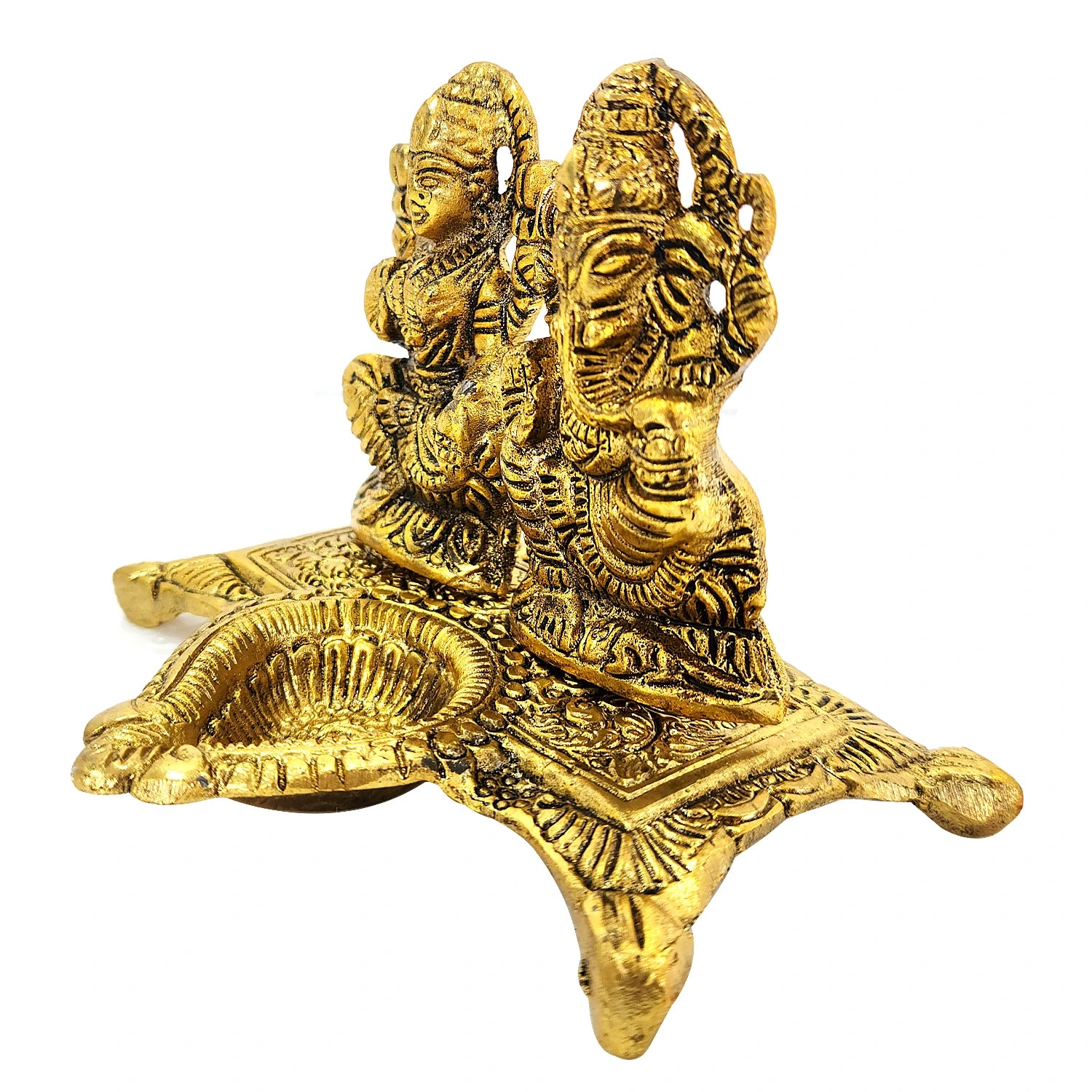 Gold-colored statue of a deity on a white background