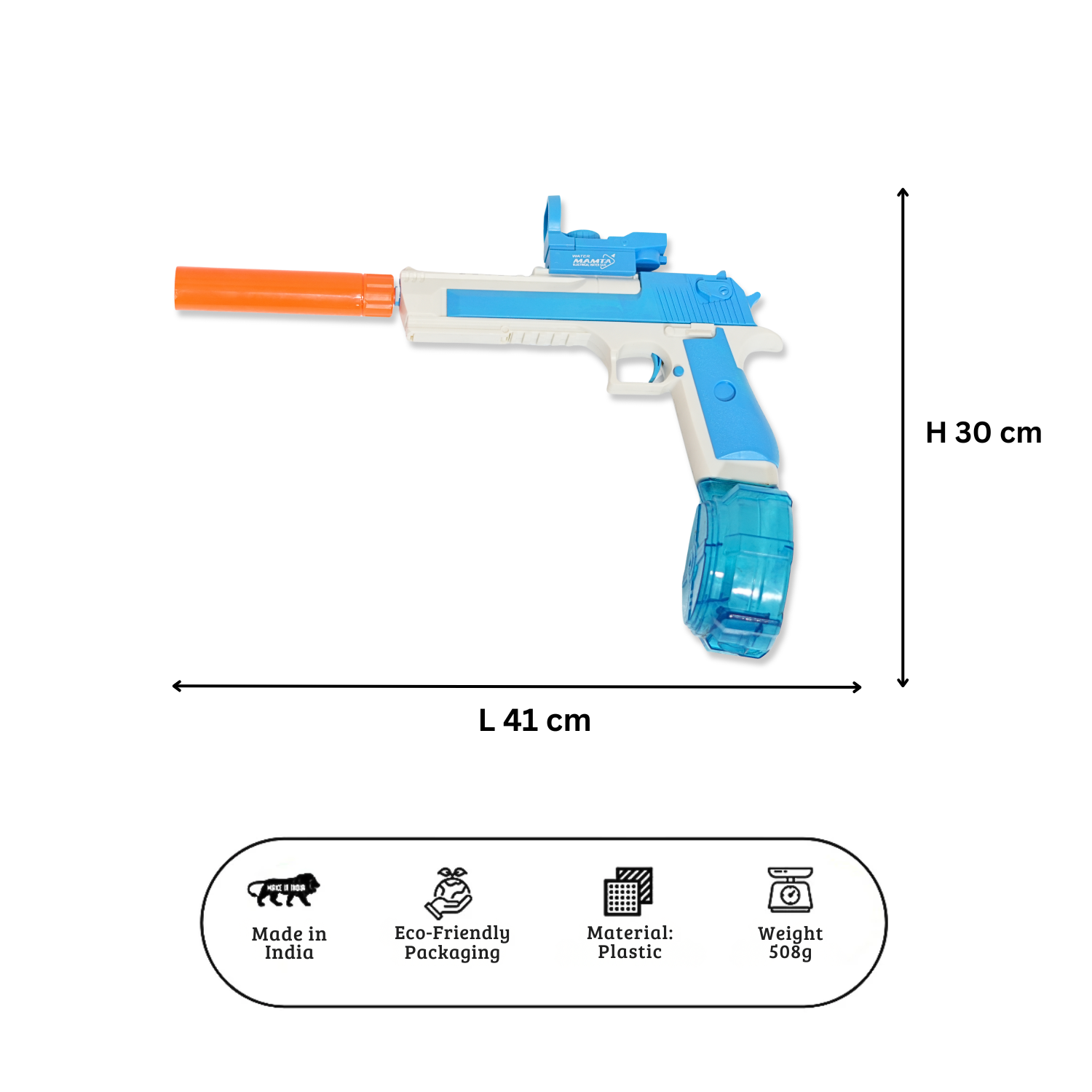 Toy gun with dimensions and product details on a white background