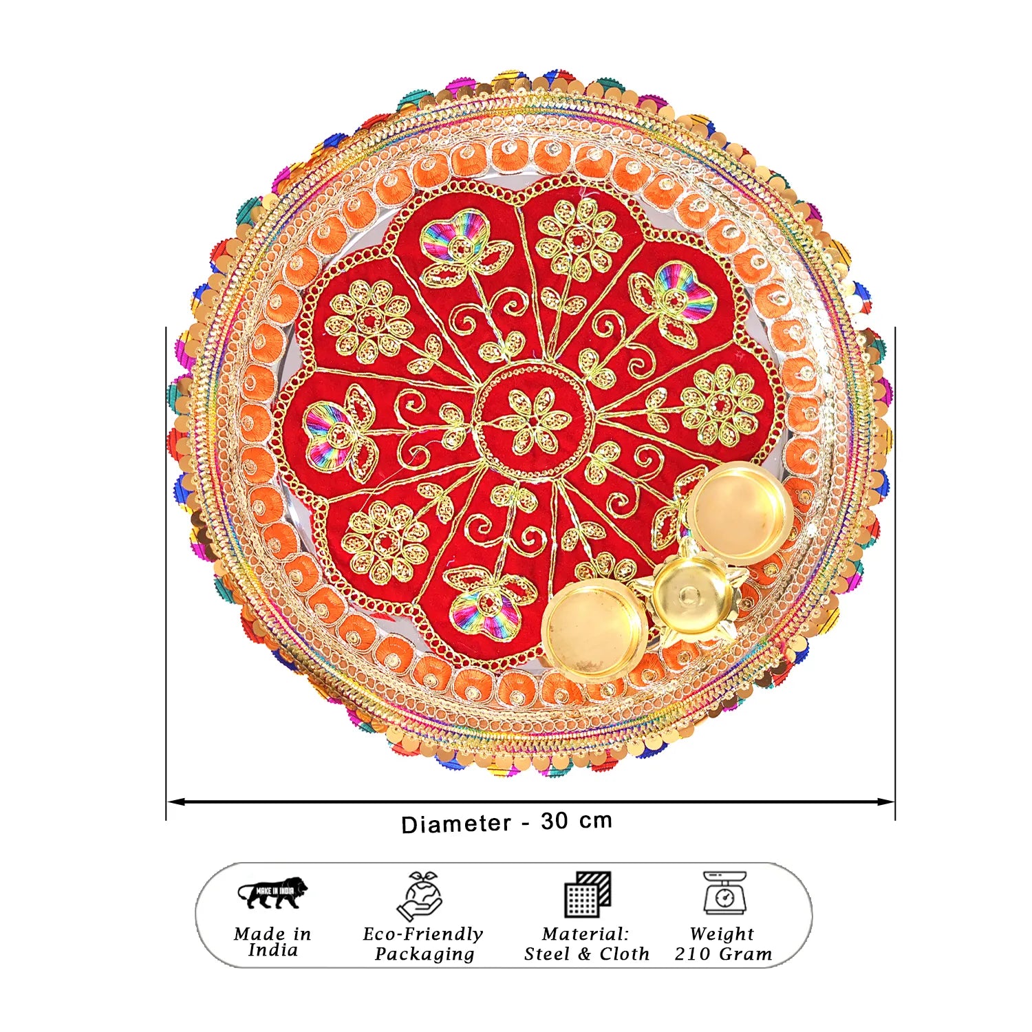 Decorative plate with floral design and measurements on a white background