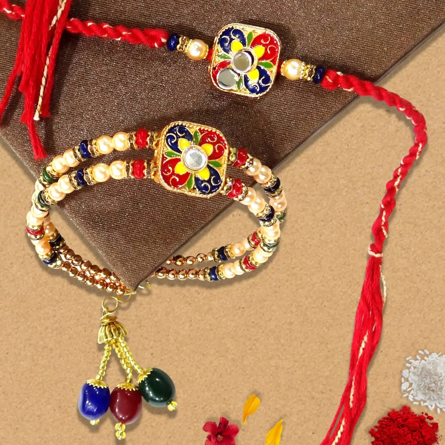 Traditional Bhaiya Bhabhi Rakhi Set by Upharkaro – Designer Rakhi & Lumba Combo for Raksha Bandhan Gift-Upharkaro