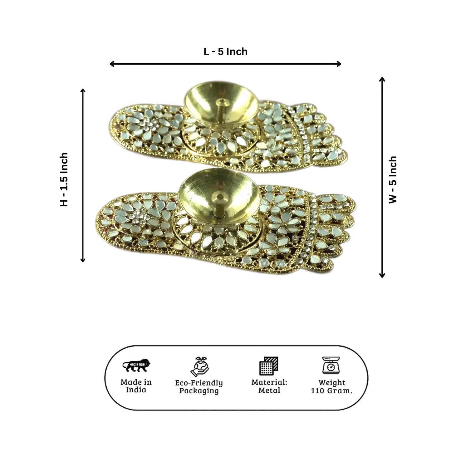 Gold decorative items with measurements on a white background