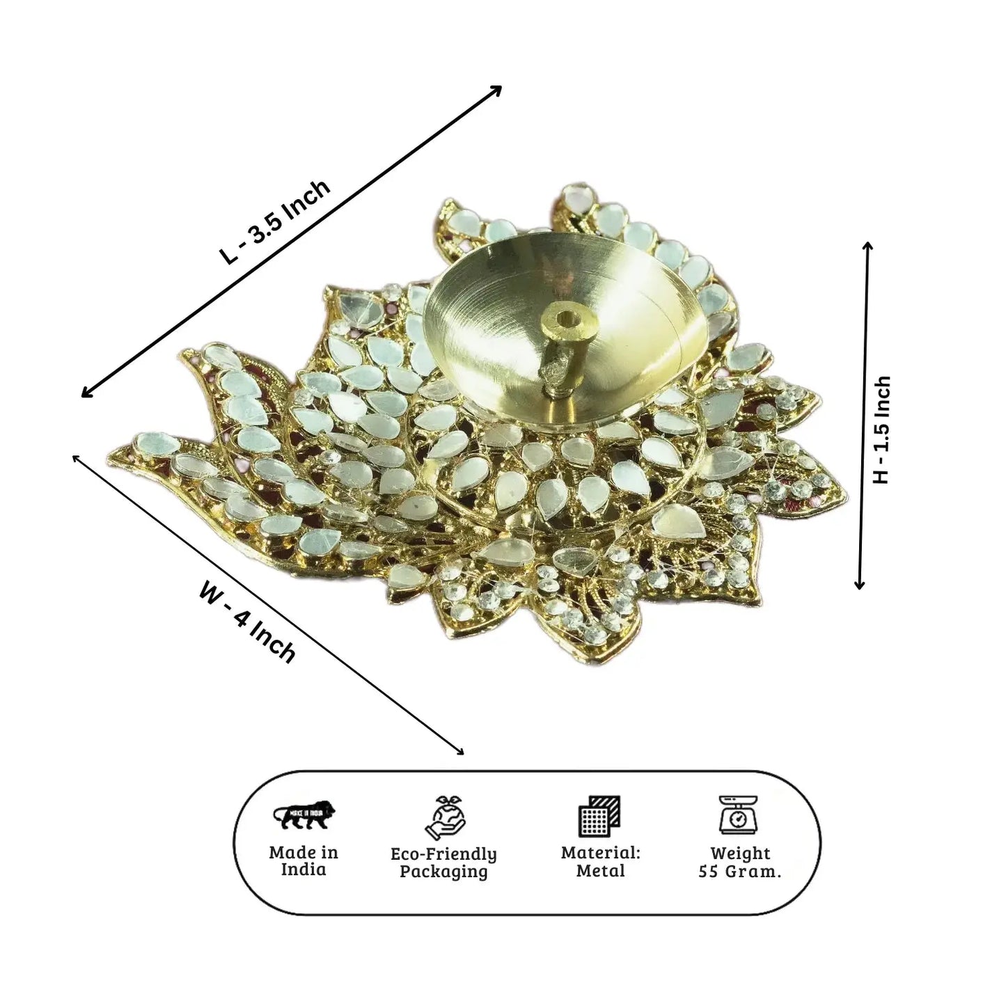 Decorative gold lotus-shaped diya with measurements on a white background