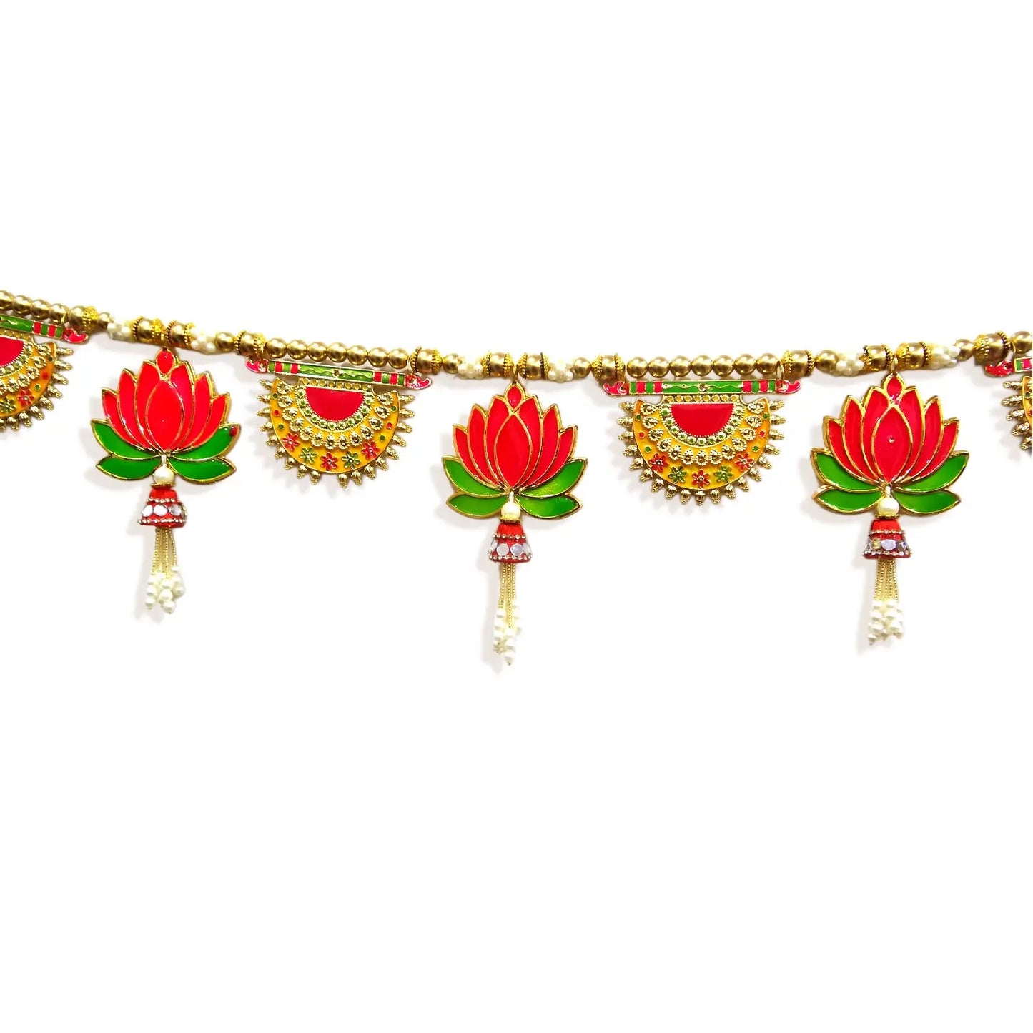 Decorative toran with red lotus flowers and gold border on a white background