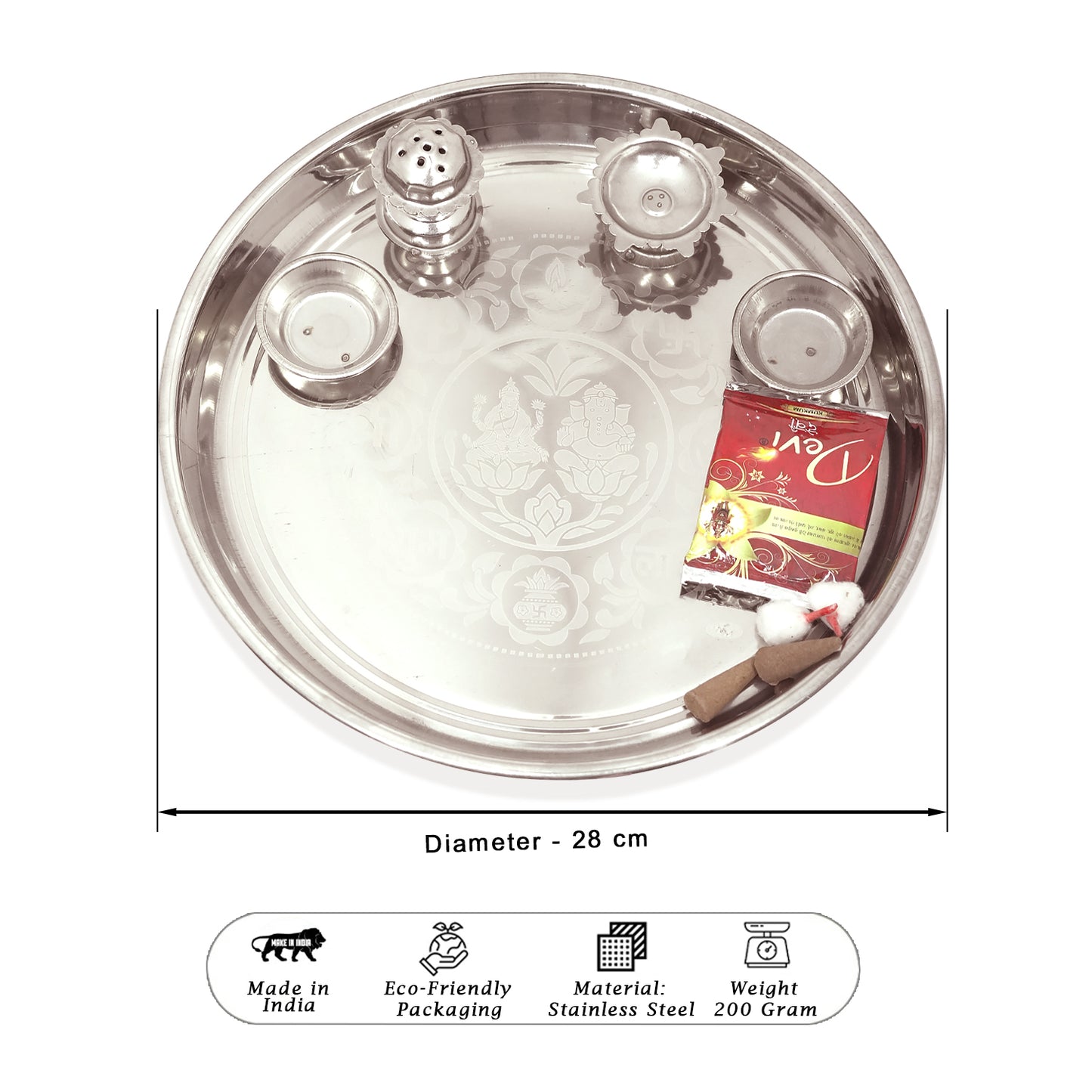 Stainless steel tray with decorative elements and a small package on a white background