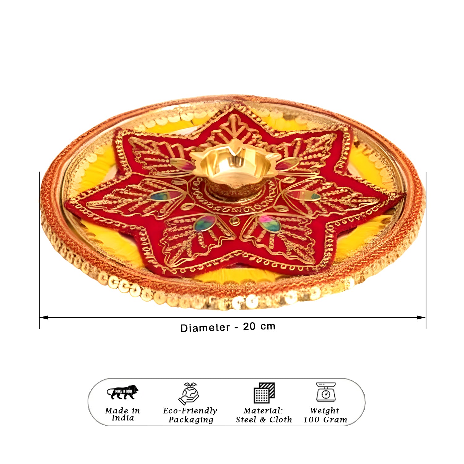 Decorative plate with star design and measurements on a white background