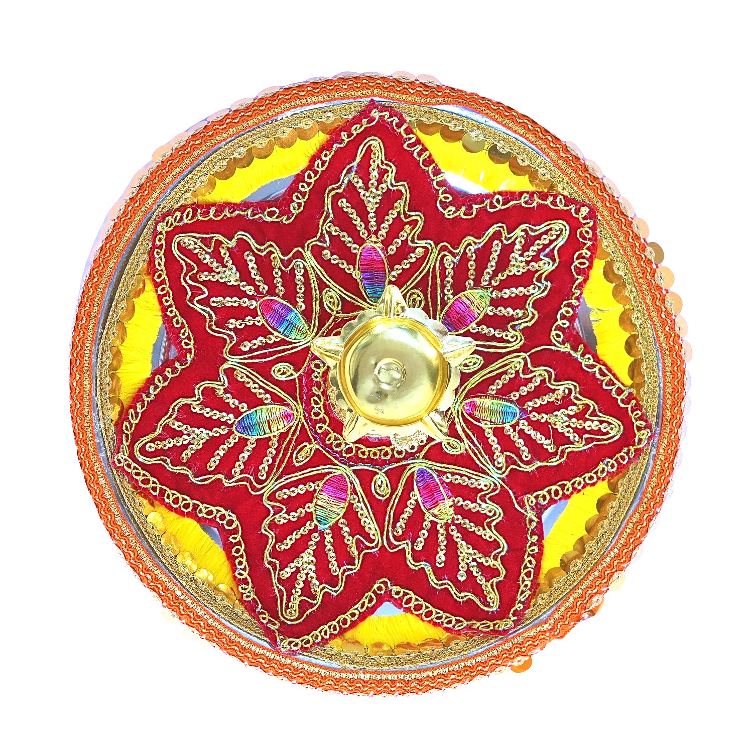 Decorative item with red, gold, and yellow colors on a white background