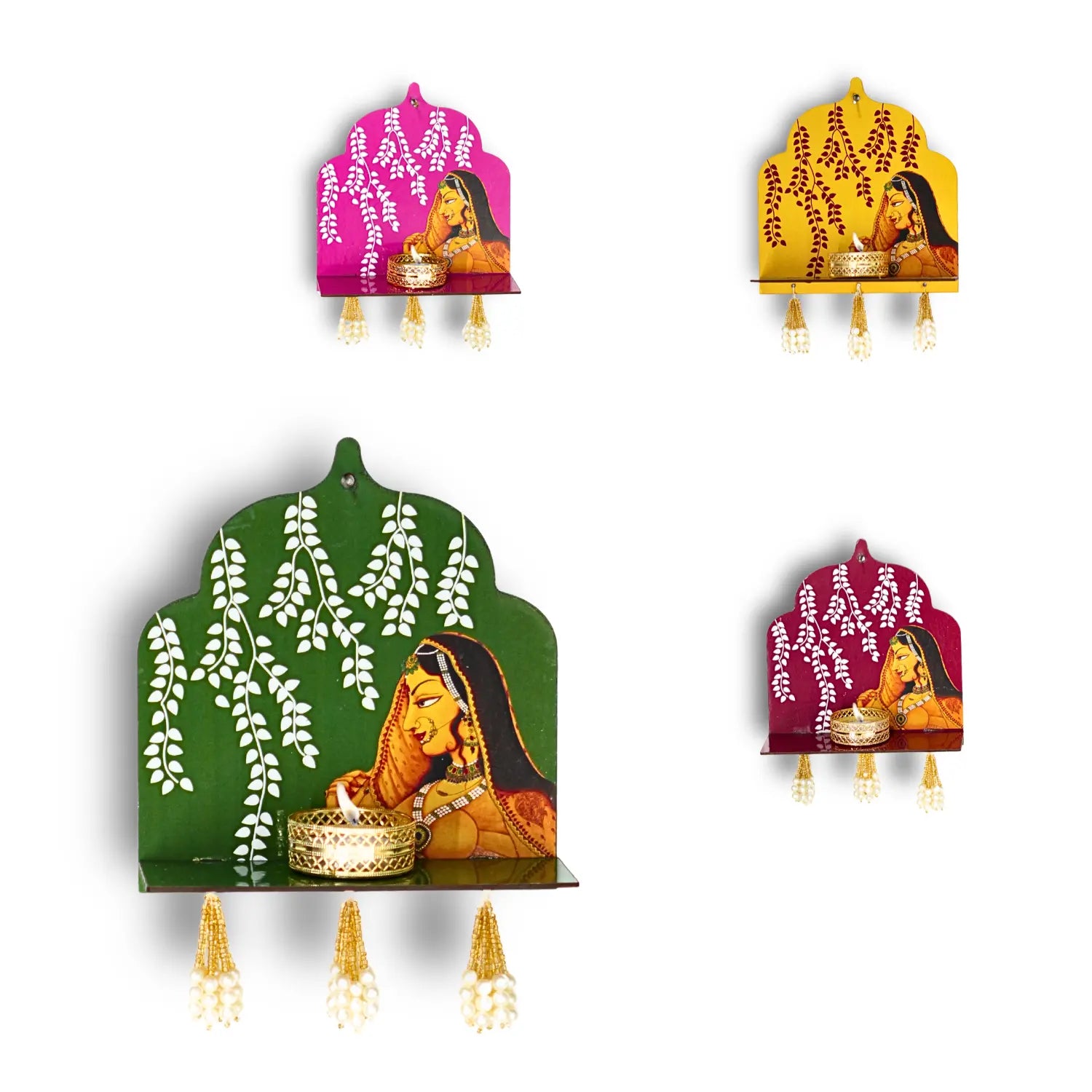 Decorative wall shelves with artistic designs of women and plants on a white background