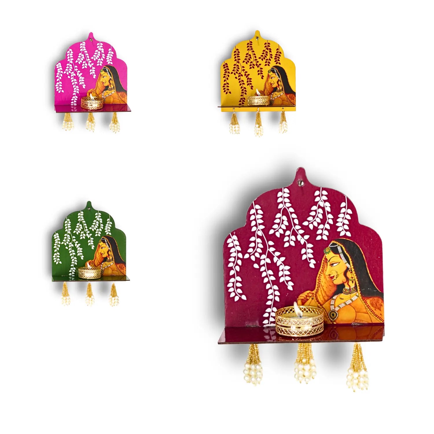 Set of four decorative wall hangings with traditional designs and figures on a white background.