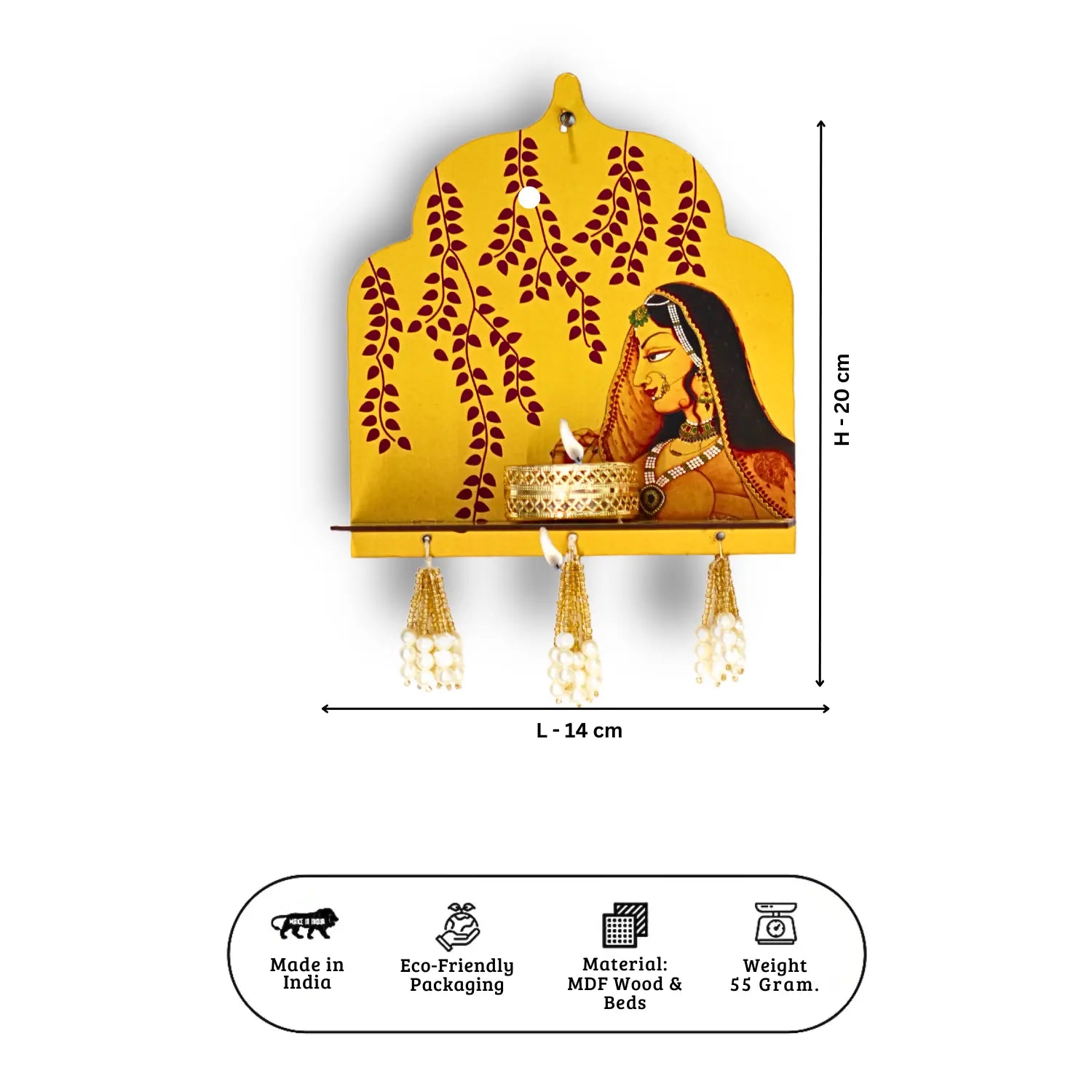 Decorative wall shelf with a yellow background and a woman's silhouette, featuring measurements and product details.