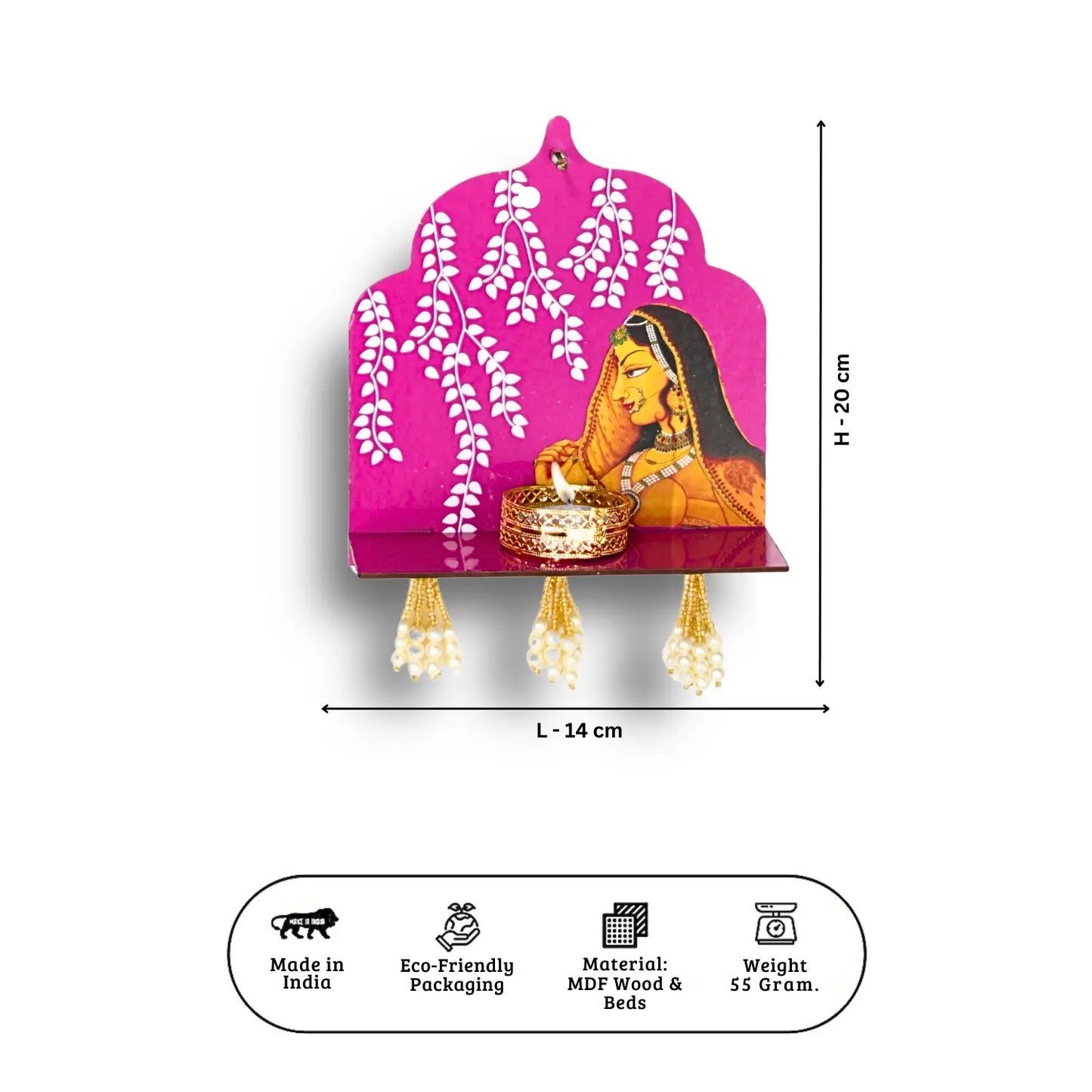 Decorative wall shelf with a pink background and a woman's face design, with dimensions and material information displayed.
