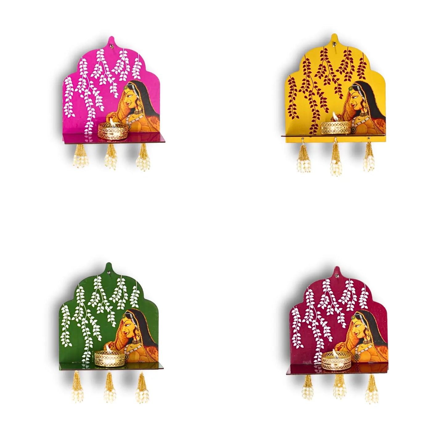 Set of four decorative wall hangings with a woman's face and floral designs on a white background.