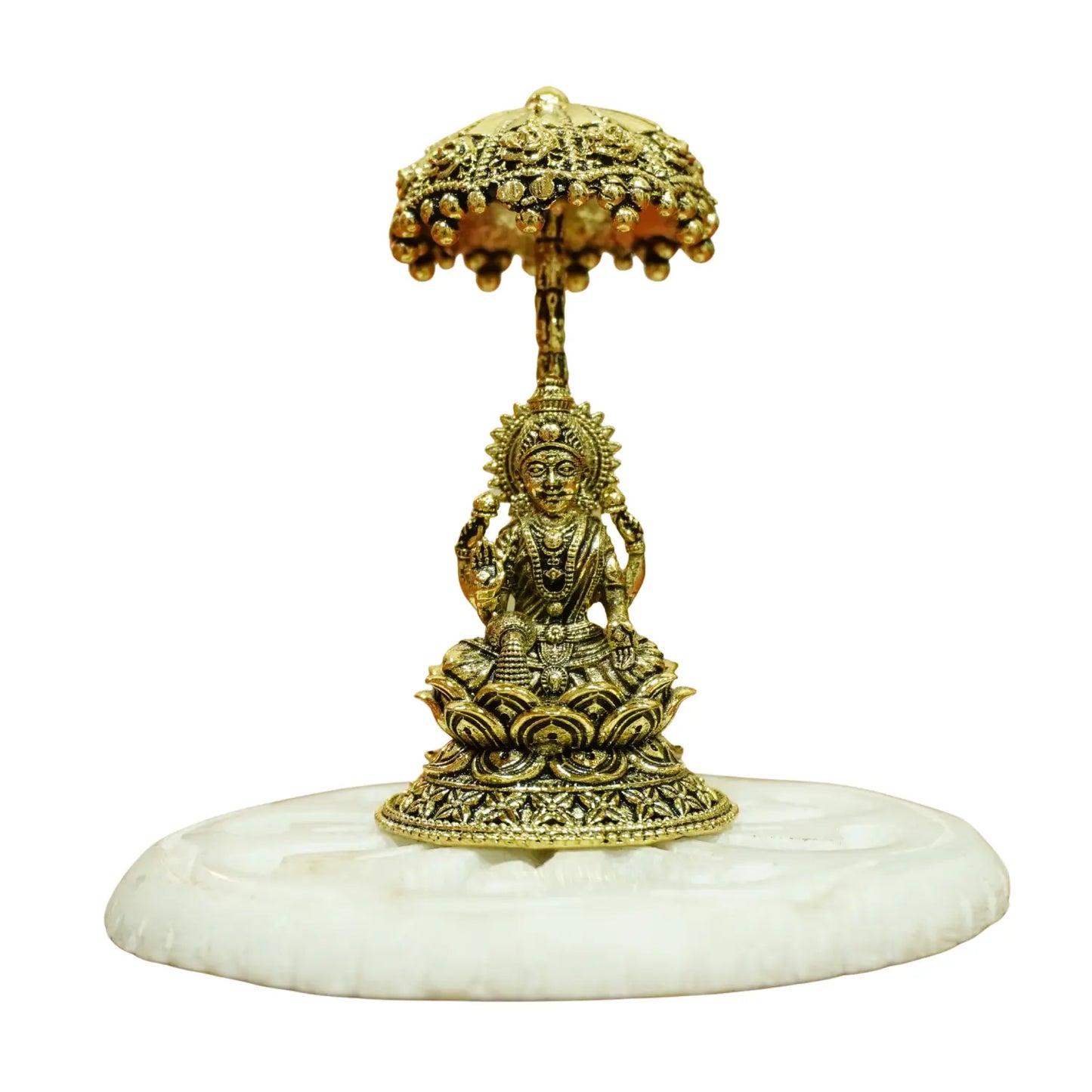 Upharkaro Brass Goddess Lakshmi Idol with Umbrella 6.5 cm Mini Laxmi Mata Murti Sitting on Lotus for Home Temple Office Desk & Car Dashboard Upharkaro