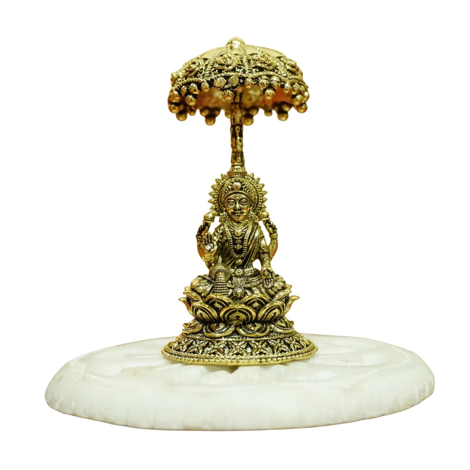 Upharkaro Brass Goddess Lakshmi Idol with Umbrella 6.5 cm Mini Laxmi Mata Murti Sitting on Lotus for Home Temple Office Desk & Car Dashboard Upharkaro
