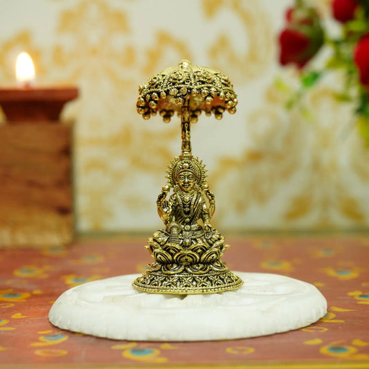 Upharkaro Brass Goddess Lakshmi Idol with Umbrella 6.5 cm Mini Laxmi Mata Murti Sitting on Lotus for Home Temple Office Desk & Car Dashboard Upharkaro