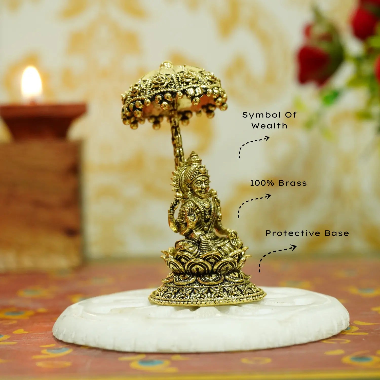 Upharkaro Brass Goddess Lakshmi Idol with Umbrella 6.5 cm Mini Laxmi Mata Murti Sitting on Lotus for Home Temple Office Desk & Car Dashboard Upharkaro