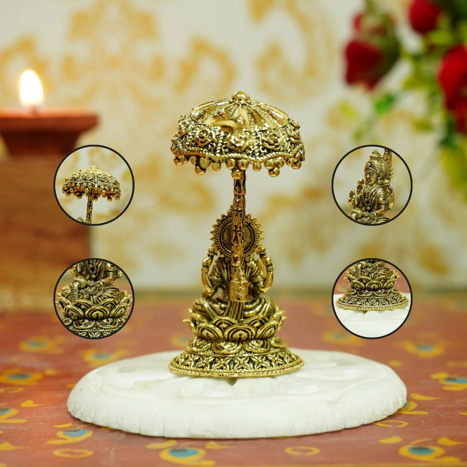 Upharkaro Brass Goddess Lakshmi Idol with Umbrella 6.5 cm Mini Laxmi Mata Murti Sitting on Lotus for Home Temple Office Desk & Car Dashboard Upharkaro