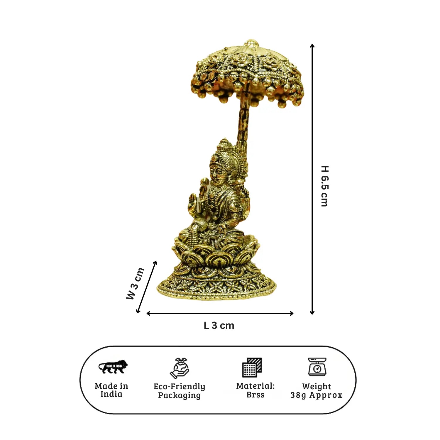 Upharkaro Brass Goddess Lakshmi Idol with Umbrella 6.5 cm Mini Laxmi Mata Murti Sitting on Lotus for Home Temple Office Desk & Car Dashboard Upharkaro