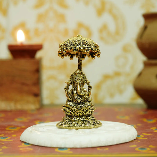 Upharkaro Brass Lord Ganesha Idol with Umbrella 6.5 cm Mini Ganpati Bappa Murti Sitting on Lotus for Home Temple Office Desk & Car Dashboard Upharkaro